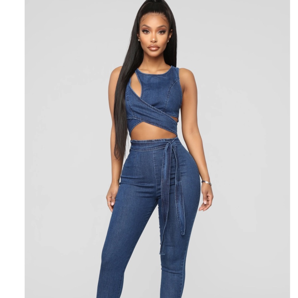 Fashion Nova Dark Wash Denim Jumpsuit